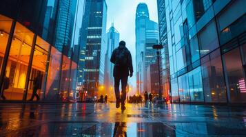 AI generated A sleek city street, with a person walking along against a backdrop of towering buildings and bustling crowds photo