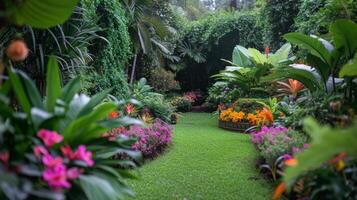 ai generado un tranquilo jardín oasis, con lozano follaje, devanado caminos, y floreciente flores en cada sombra imaginable foto