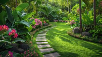 AI generated A tranquil garden oasis, with lush foliage, winding pathways, and blooming flowers in every shade imaginable photo