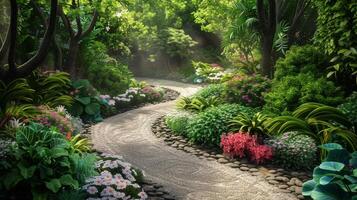 AI generated A tranquil garden oasis, with lush foliage, winding pathways, and blooming flowers in every shade imaginable photo