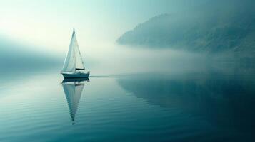 AI generated A tranquil scene of a sailboat drifting lazily on a calm lake, epitomizing relaxation and serenity photo