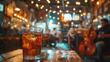 AI generated A vibrant jazz club scene, with glasses of bourbon and whiskey served alongside soulful music photo