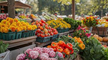 ai generado un vibrante agricultores mercado, con establos desbordante con Fresco producir, flores, y local artesanal bienes foto