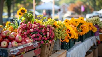 ai generado un vibrante agricultores mercado, con establos desbordante con Fresco producir, flores, y local artesanal bienes foto