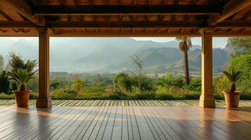 AI generated A tranquil yoga retreat, with open-air pavilions, lush gardens, and panoramic views of the surrounding mountains photo