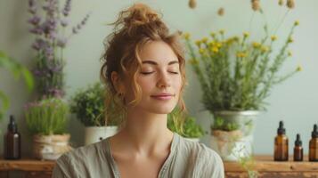 AI generated A woman practicing self-massage with essential oils, promoting relaxation and muscle tension relief photo