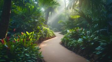 AI generated A winding path through a lush rainforest, where towering trees and exotic wildlife create a magical atmosphere photo