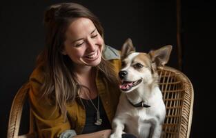 AI generated a woman smiling at her dog by sitting on a chair photo