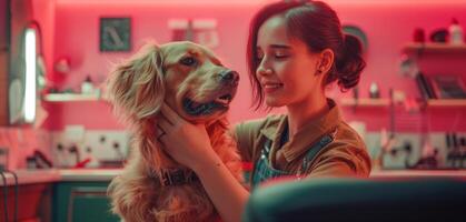 ai generado un mujer es aseo su perro a un salón foto