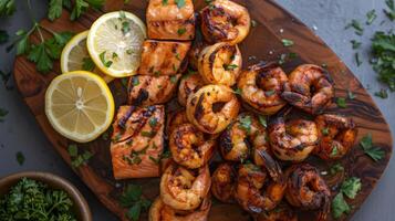 ai generado un de madera servicio plato adornado con un formación de A la parrilla Mariscos delicias foto