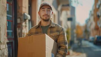 AI generated A young guy, a loader, is carrying a large cardboard box in his hands. He looks at the camera and smiles photo