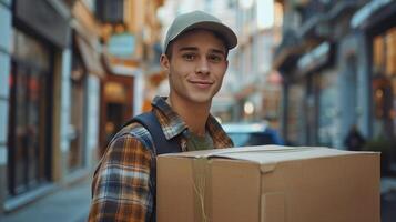 AI generated A young guy, a loader, is carrying a large cardboard box in his hands photo