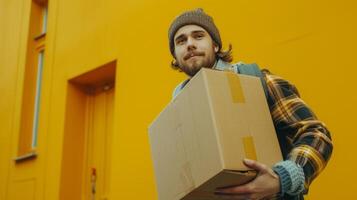 AI generated A young guy, a loader, is carrying a large cardboard box in his hands. He looks at the camera and smiles photo