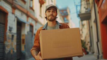 ai generado un joven chico, un cargador, es que lleva un grande cartulina caja en su manos foto