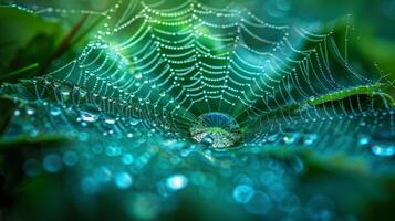 AI generated An extreme close-up of a dew-covered spiderweb, capturing the shimmering droplets clinging to its fine threads photo