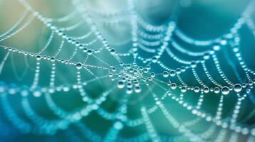 AI generated An extreme close-up of a dew-covered spiderweb, capturing the shimmering droplets clinging to its fine threads photo