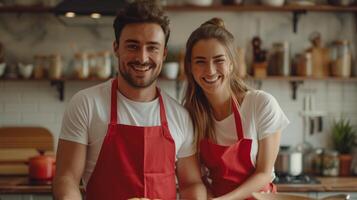 AI generated Beautiful young happy couple in red aprons baking pancakes together in a modern kitchen photo