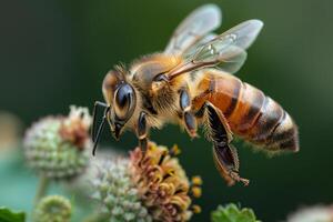 AI generated An extreme close-up of a honeybee hovering over a flower, showcasing its fuzzy body and transparent wings in flight photo