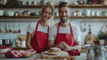 ai generado hermosa joven contento Pareja en rojo delantales horneando panqueques juntos en un moderno cocina foto