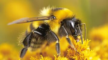 AI generated An extreme close-up of a bumblebee collecting pollen, showcasing its fuzzy body and translucent wings photo