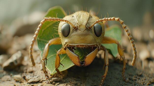 AI generated An extreme close-up of an ant carrying a leaf, revealing its intricate mandibles and segmented body photo