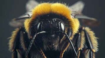 AI generated An extreme close-up of a bumblebee collecting pollen, showcasing its fuzzy body and translucent wings photo