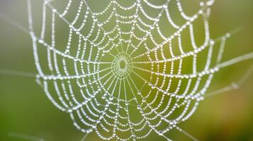 AI generated An extreme close-up of a dew-covered spiderweb, capturing the shimmering droplets clinging to its fine threads photo