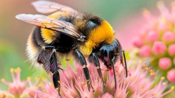 AI generated An extreme close-up of a bumblebee collecting pollen, showcasing its fuzzy body and translucent wings photo