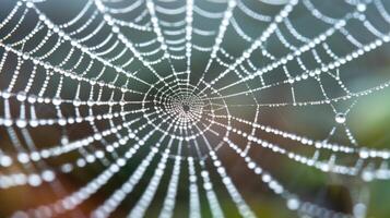 AI generated An extreme close-up of a dew-covered spiderweb, capturing the shimmering droplets clinging to its fine threads photo