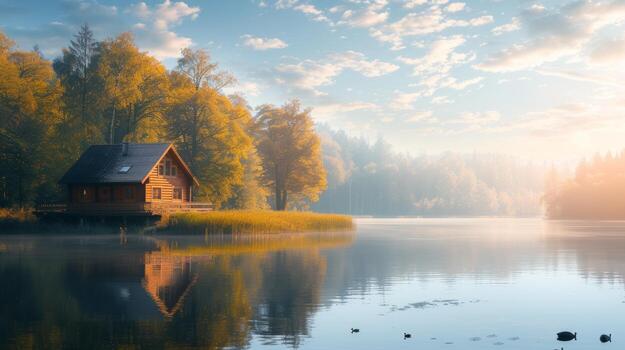 AI generated Beautiful natural background with a house on a lake. large copyspace area, offcenter composition photo