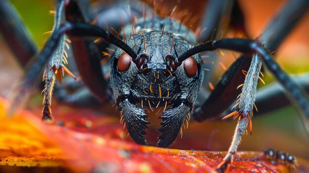 AI generated An extreme close-up of an ant carrying a leaf, revealing its intricate mandibles and segmented body photo