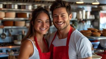 AI generated Beautiful young happy couple in red aprons baking pancakes together in a modern kitchen photo
