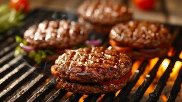 AI generated Burgers sizzling on a charcoal grill, patio furniture in the background photo