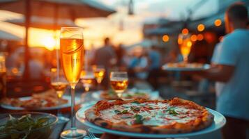 AI generated Capture the ambiance of an evening at a pizzeria terrace. as the sun sets, people gather on the open terrace photo