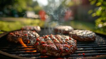 AI generated Burgers sizzling on a charcoal grill, patio furniture in the background photo