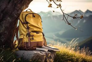 AI generated backpack sitting next to a tree near mountains photo