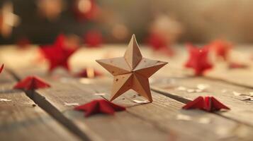 AI generated Capture the artistry of origami. delicate paper stars adorn a wooden table photo