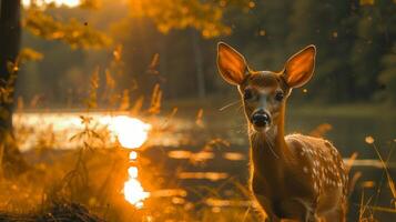 ai generado capturar el serenidad de naturaleza. un pequeño ciervo mirando fuera desde el bosque foto