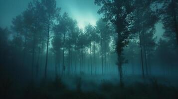 ai generado capturar el etéreo belleza de un brumoso bosque. imponente arboles envuelto en niebla foto