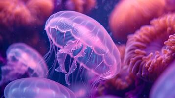 ai generado capturar el etéreo belleza de el submarino mundo. brillante brillante Medusa y pescado graciosamente planeo mediante el agua foto