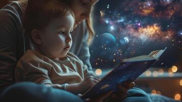 ai generado un padre sentado con su niño, leyendo un libro acerca de espacio foto