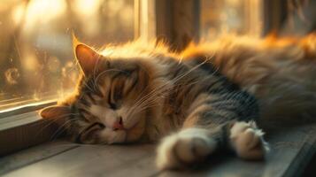AI generated sleek feline sprawled lazily on a sunlit window sill, eyes half-closed in contentment photo
