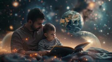 ai generado un padre sentado con su niño, leyendo un libro acerca de espacio foto