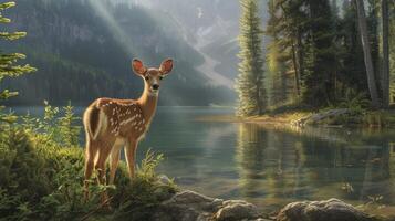 AI generated Capture the serenity of nature. a little deer peering out from the forest photo