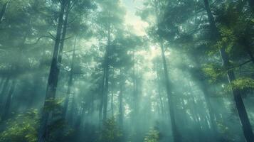 ai generado capturar el etéreo belleza de un brumoso bosque. imponente arboles envuelto en niebla foto