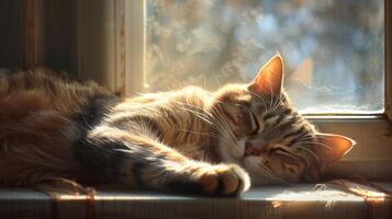 AI generated sleek feline sprawled lazily on a sunlit window sill, eyes half-closed in contentment photo
