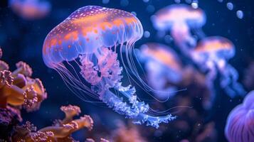 AI generated Capture the ethereal beauty of the underwater world. bright glowing jellyfish and fish gracefully glide through the water photo
