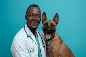 ai generado médico poses con un perro en frente de un azul antecedentes foto