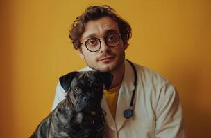 ai generado médico poses con un perro en frente de un amarillo antecedentes foto