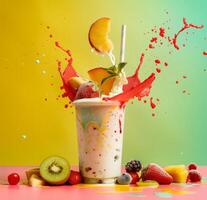 AI generated fruit smoothie with splashes of fresh fruit photo